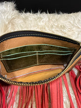 Load image into Gallery viewer, Black and White Cowhide Jessica Wristlet with Red Fringe
