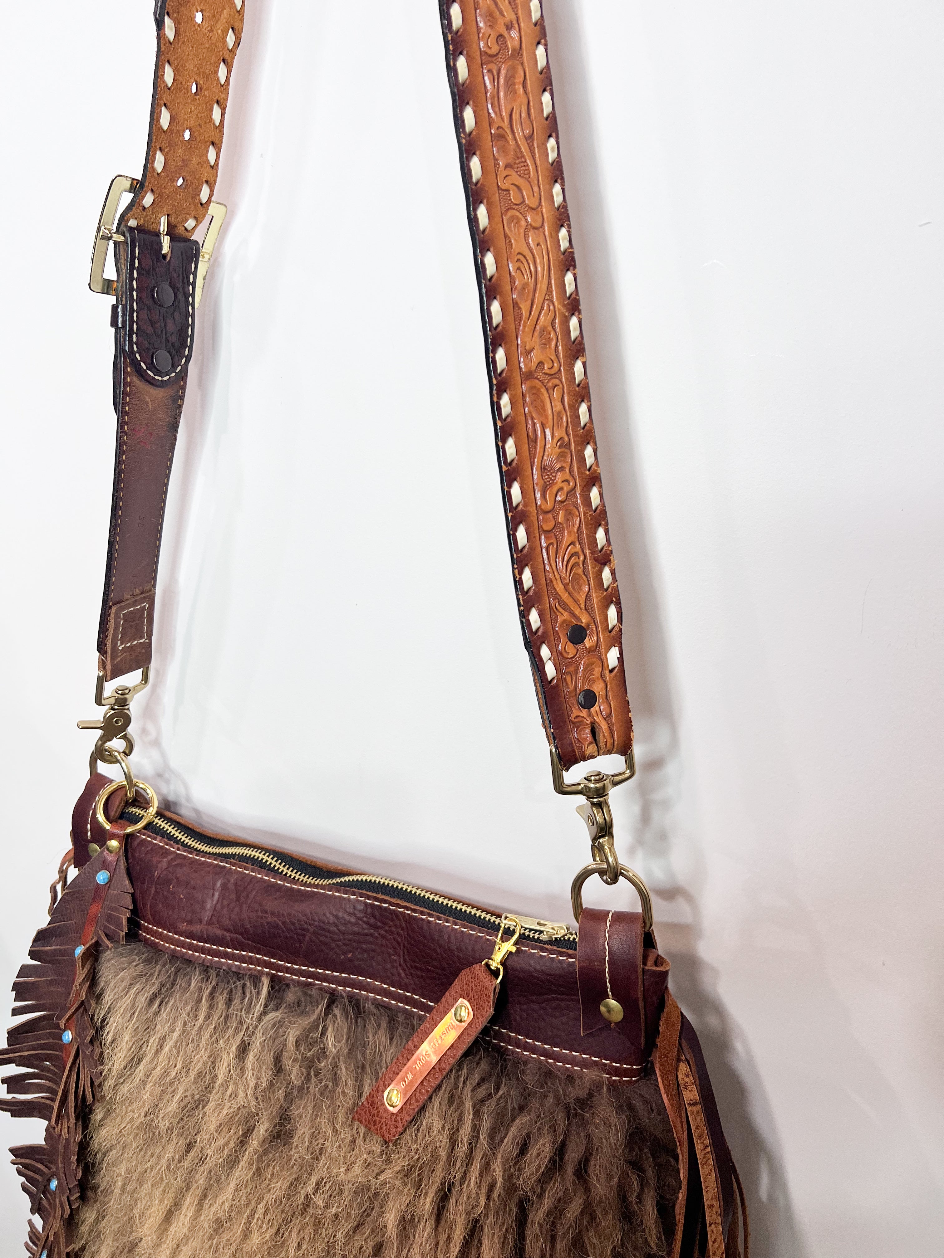 One of a kind Buffalo Bag with Curly Fringe and Feather