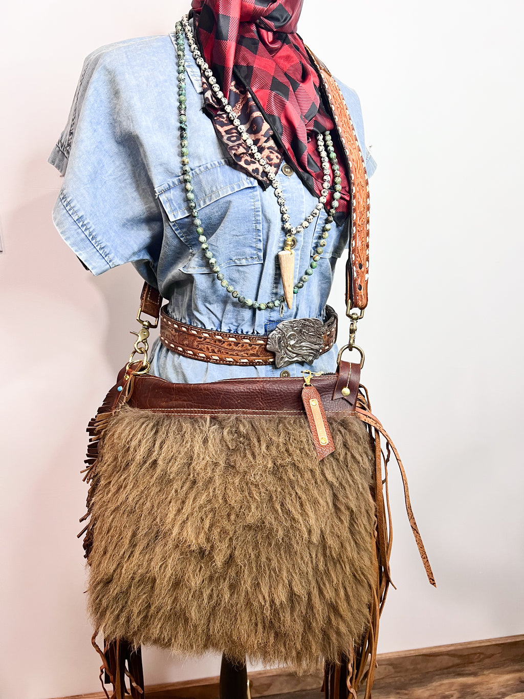 One of a kind Buffalo Bag with Curly Fringe and Feather