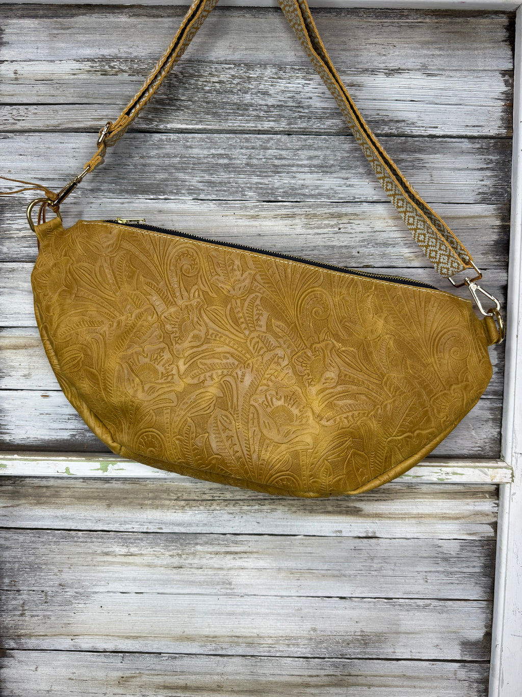 Mustard Floral Embossed Leather Kaycee Bag