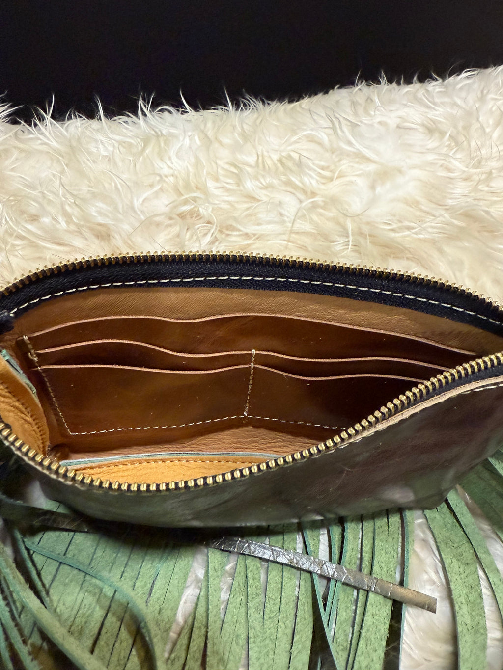 Brown and White Cowhide Jessica Wristlet with Green Fringe