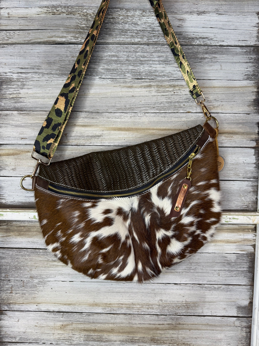 Green Embossed Leather with Brown and White Cowhide Frannie XL
