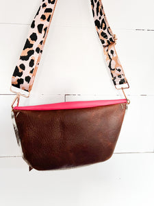 Grey and White Cowhide Bum Bag with Pink and Brown Leather