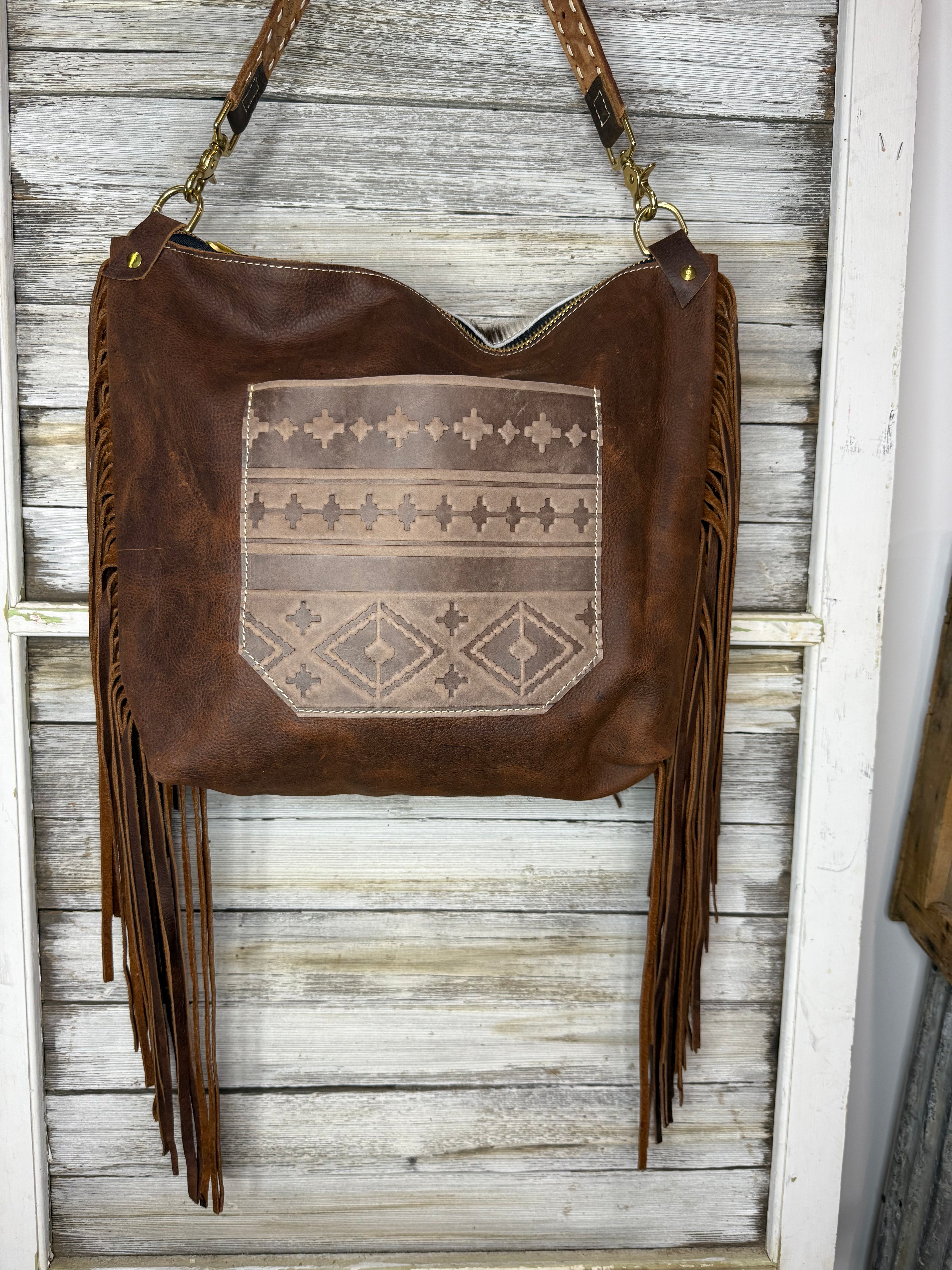 Tricolor Cowhide Bighorn XL Bag with Fringe