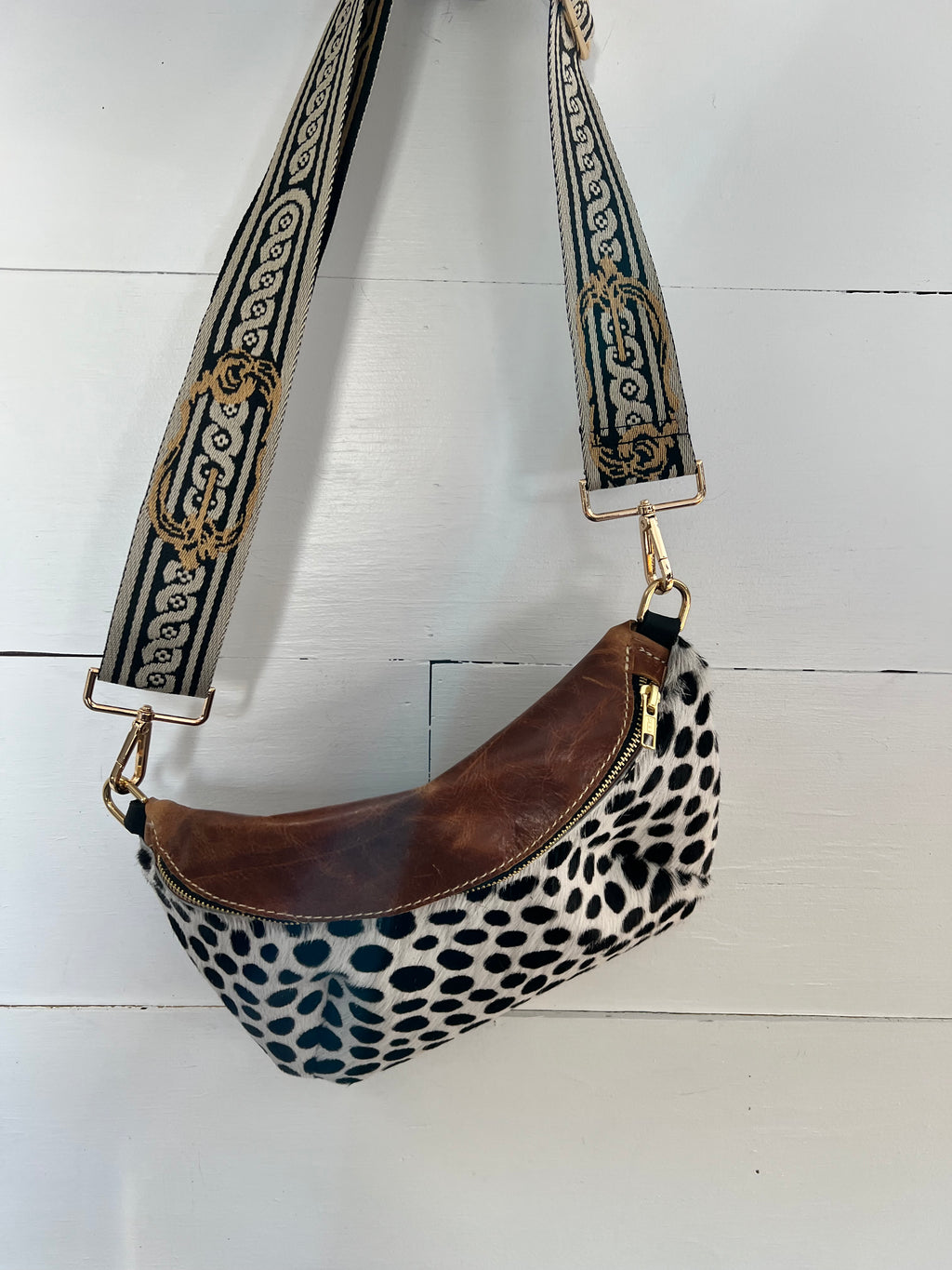 Black and White Spotted Cowhide and Leather Bumbag