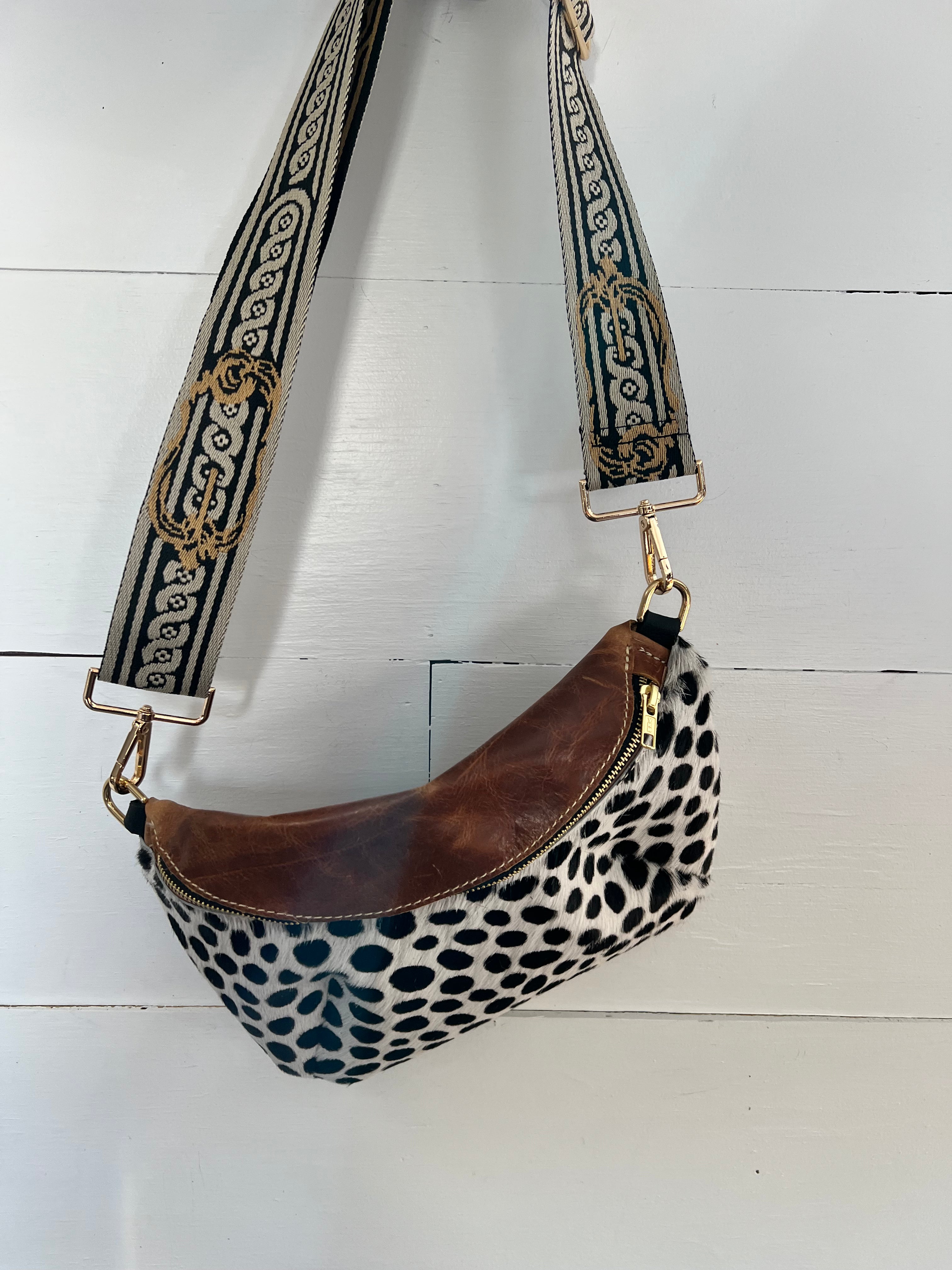 Black and White Spotted Cowhide and Leather Bumbag