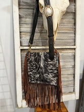 Load image into Gallery viewer, Black and White Cowhide Yellowstone Bag with Fringe
