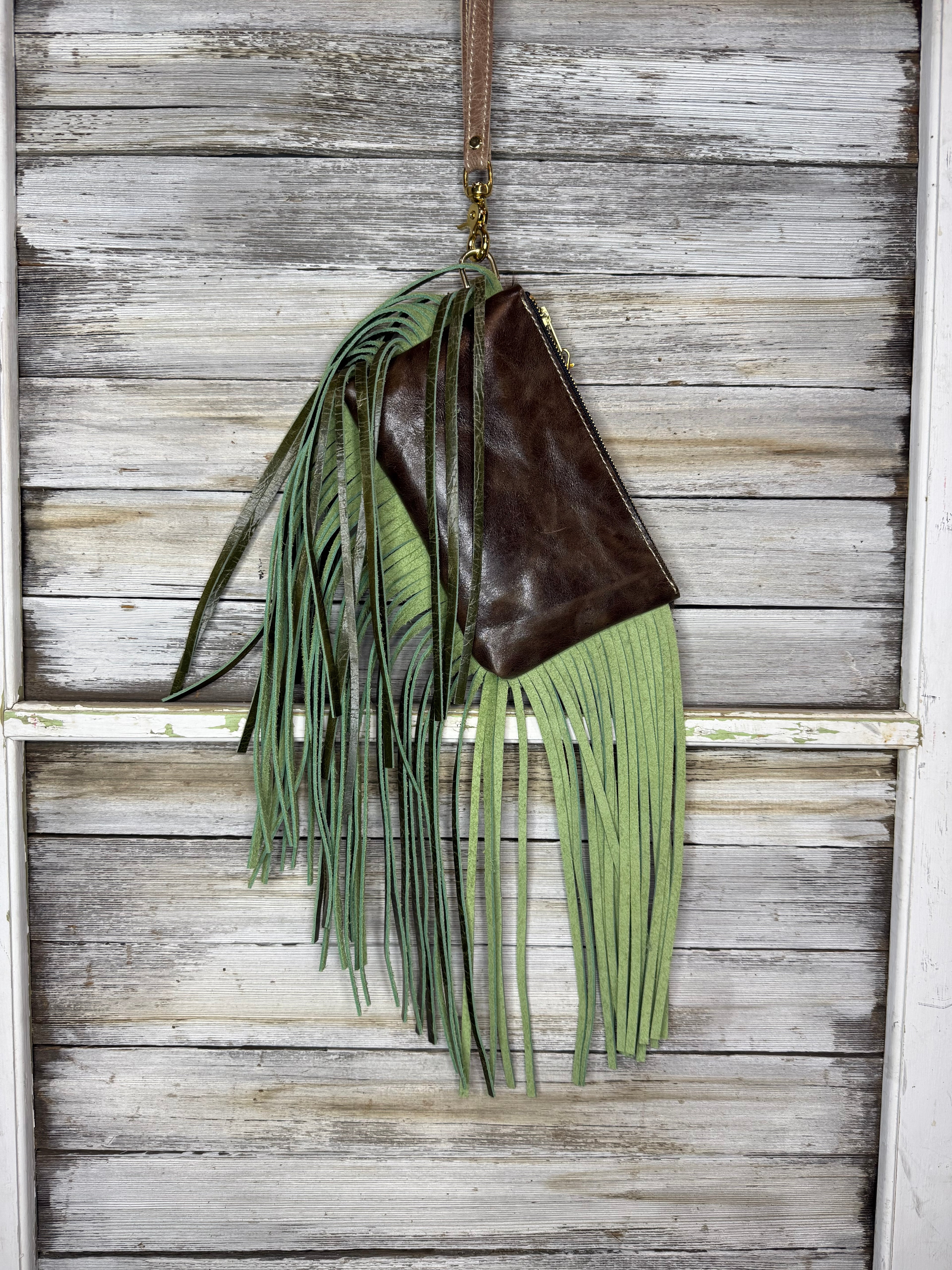 Brown and White Cowhide Jessica Wristlet with Green Fringe