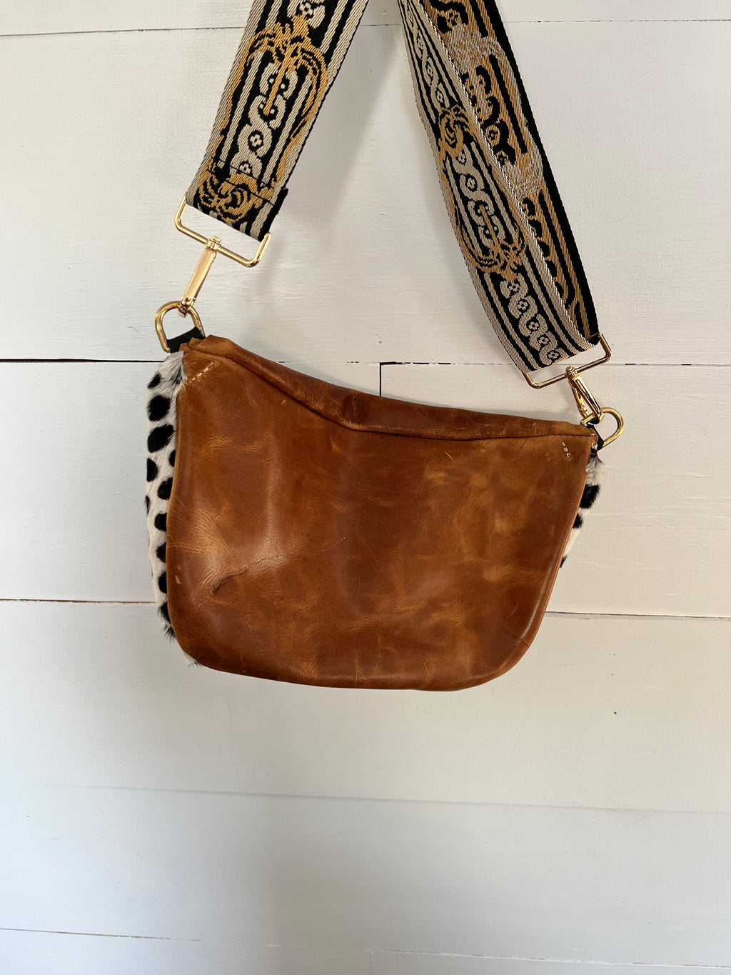 Black and White Spotted Cowhide and Leather Bumbag