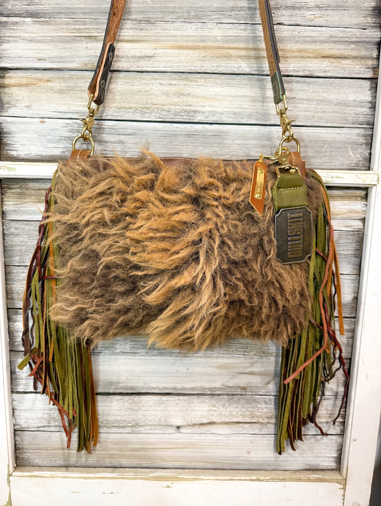 Buffalo Bag with Green Leather and Vintage Bullshit Belt Buckle Bag Charm