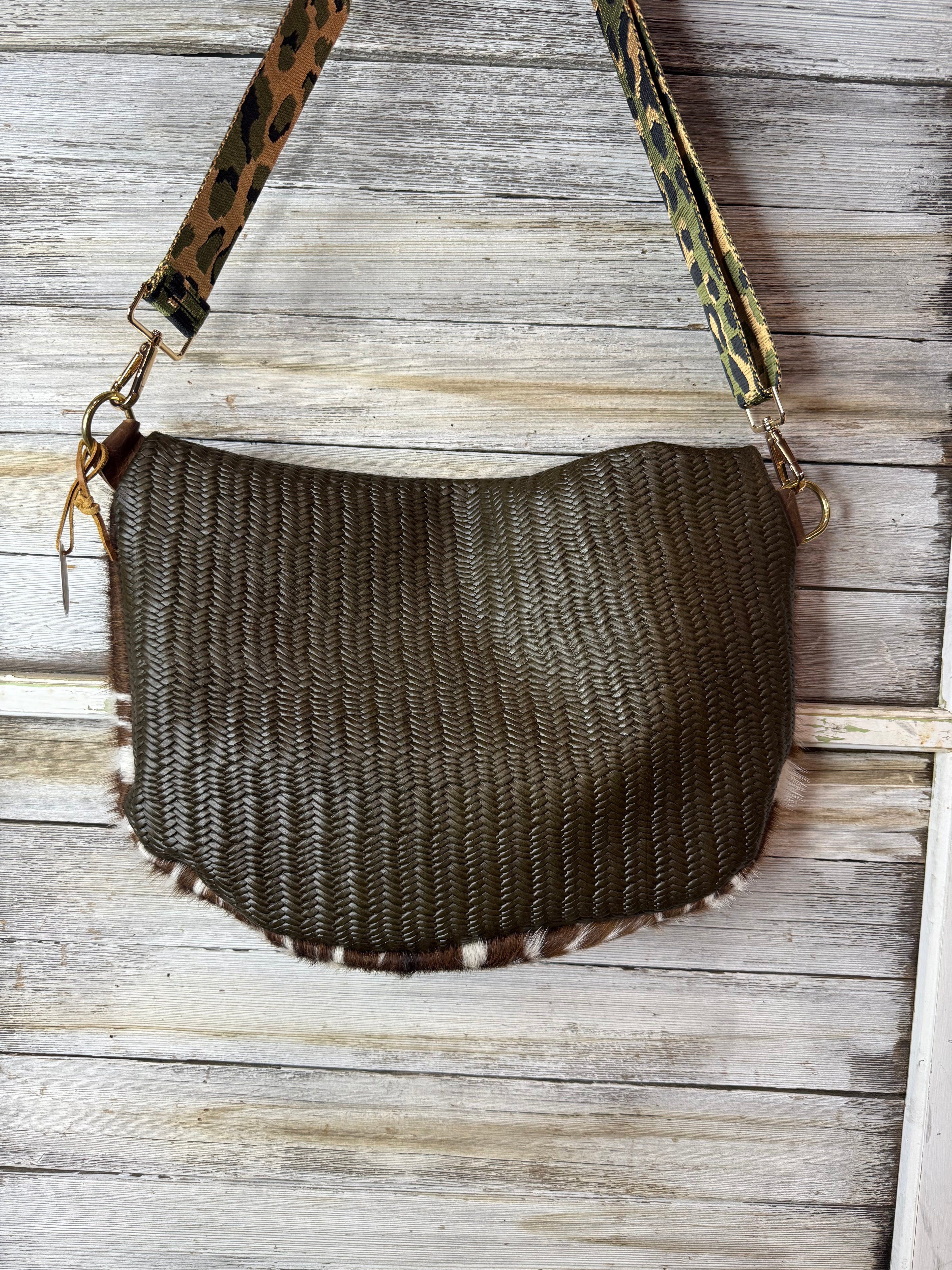 Green Embossed Leather with Brown and White Cowhide Frannie XL