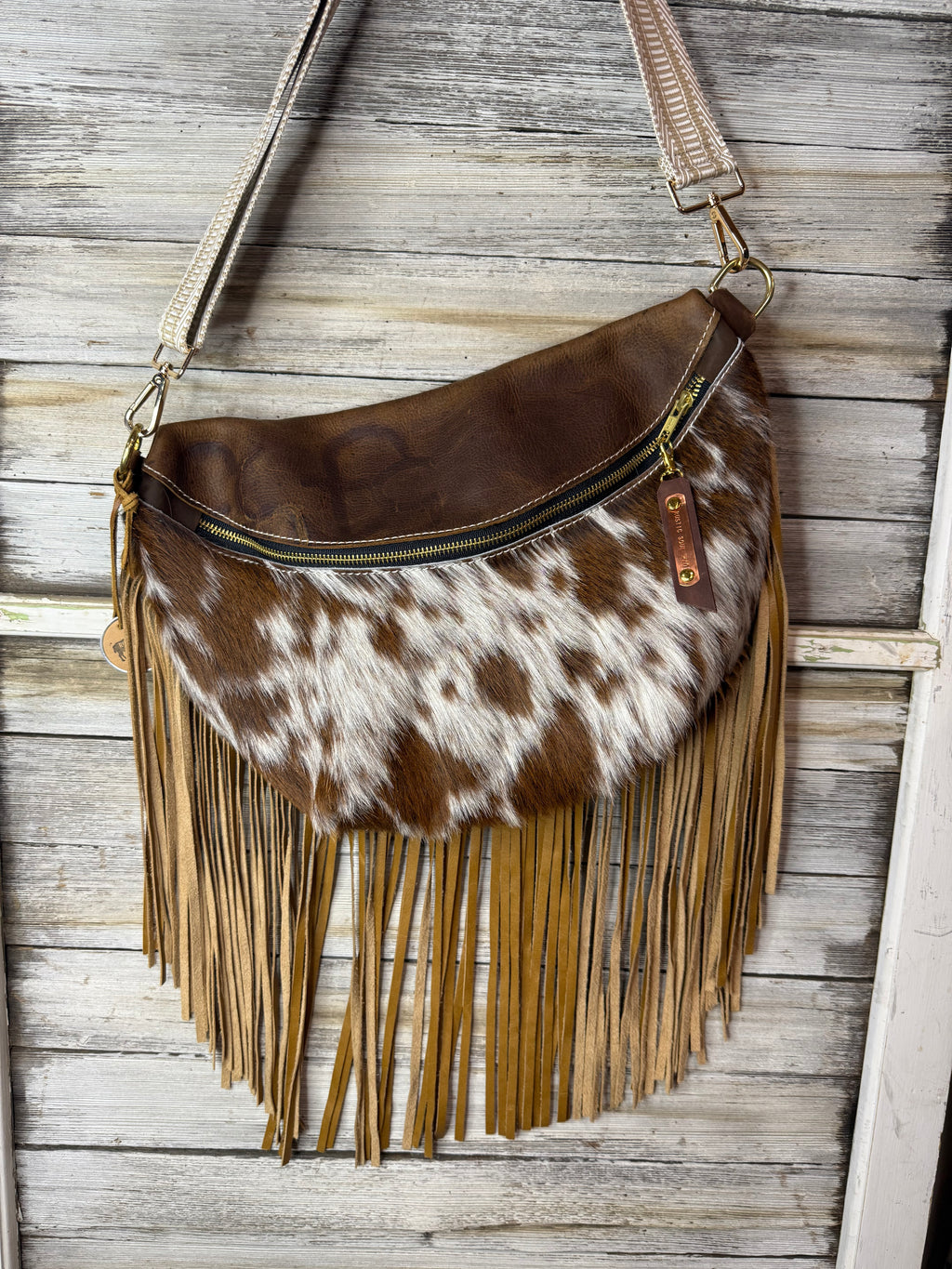 Brown and White Cowhide Leather Frannie XL with Caramel Fringe