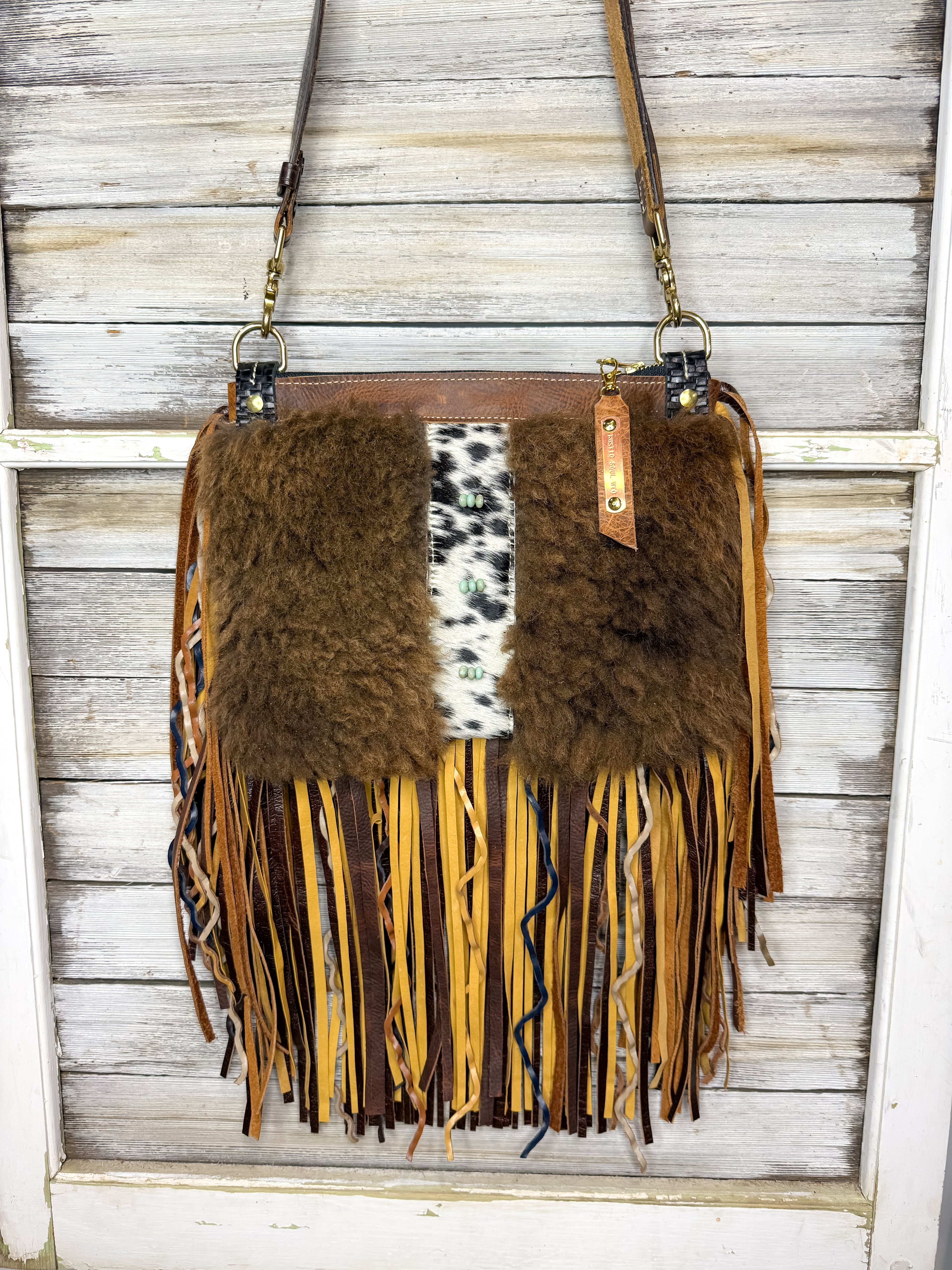 Buffalo Bag with Multi Colored Fringe Cowhide and Turquoise