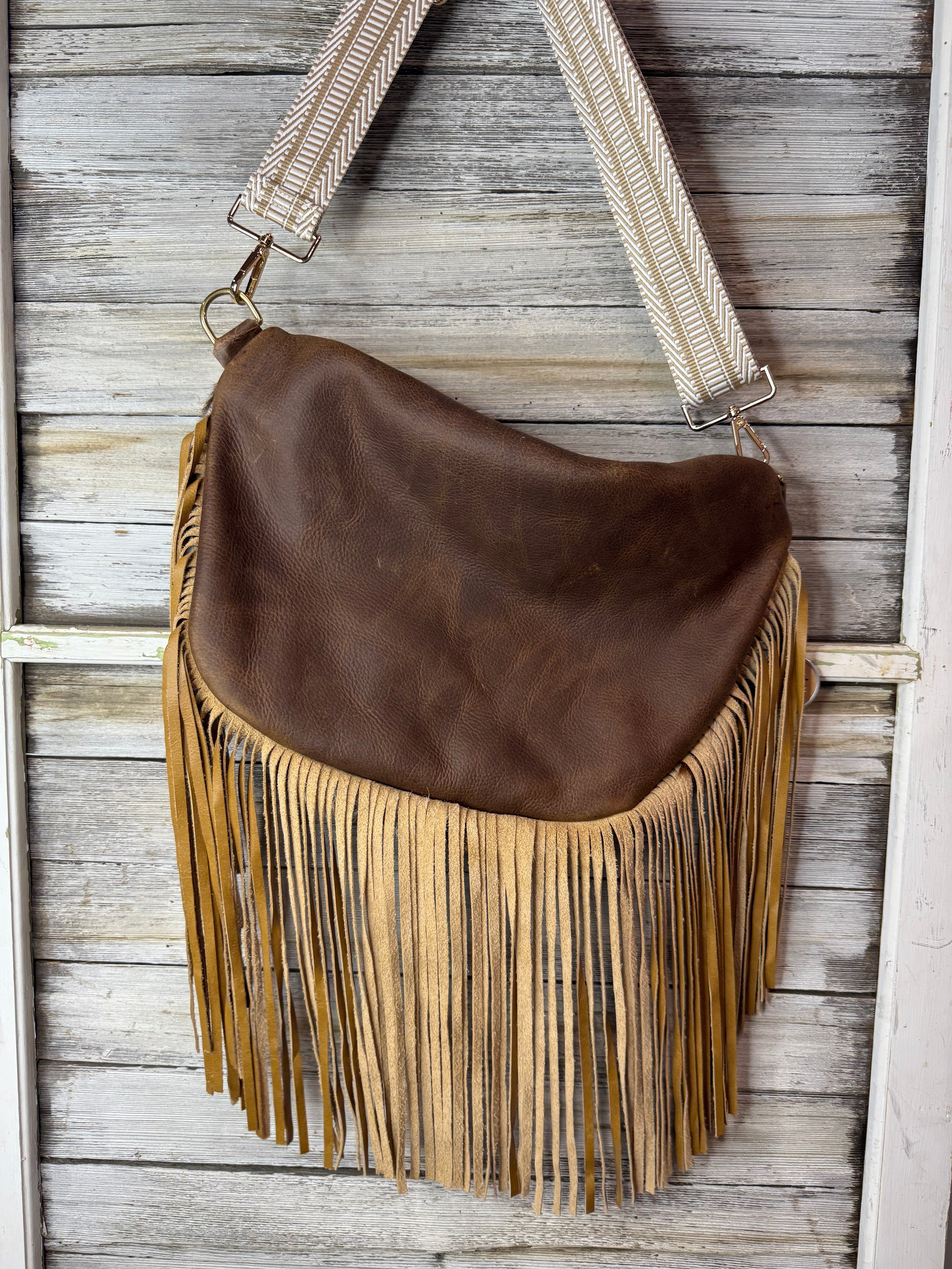 Brown and White Cowhide Leather Frannie XL with Caramel Fringe