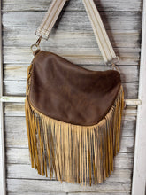 Load image into Gallery viewer, Brown and White Cowhide Leather Frannie XL with Caramel Fringe
