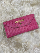 Load image into Gallery viewer, Pink Caiman Leather Trifold Wallet
