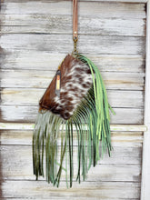 Load image into Gallery viewer, Brown and White Cowhide Jessica Wristlet with Green Fringe
