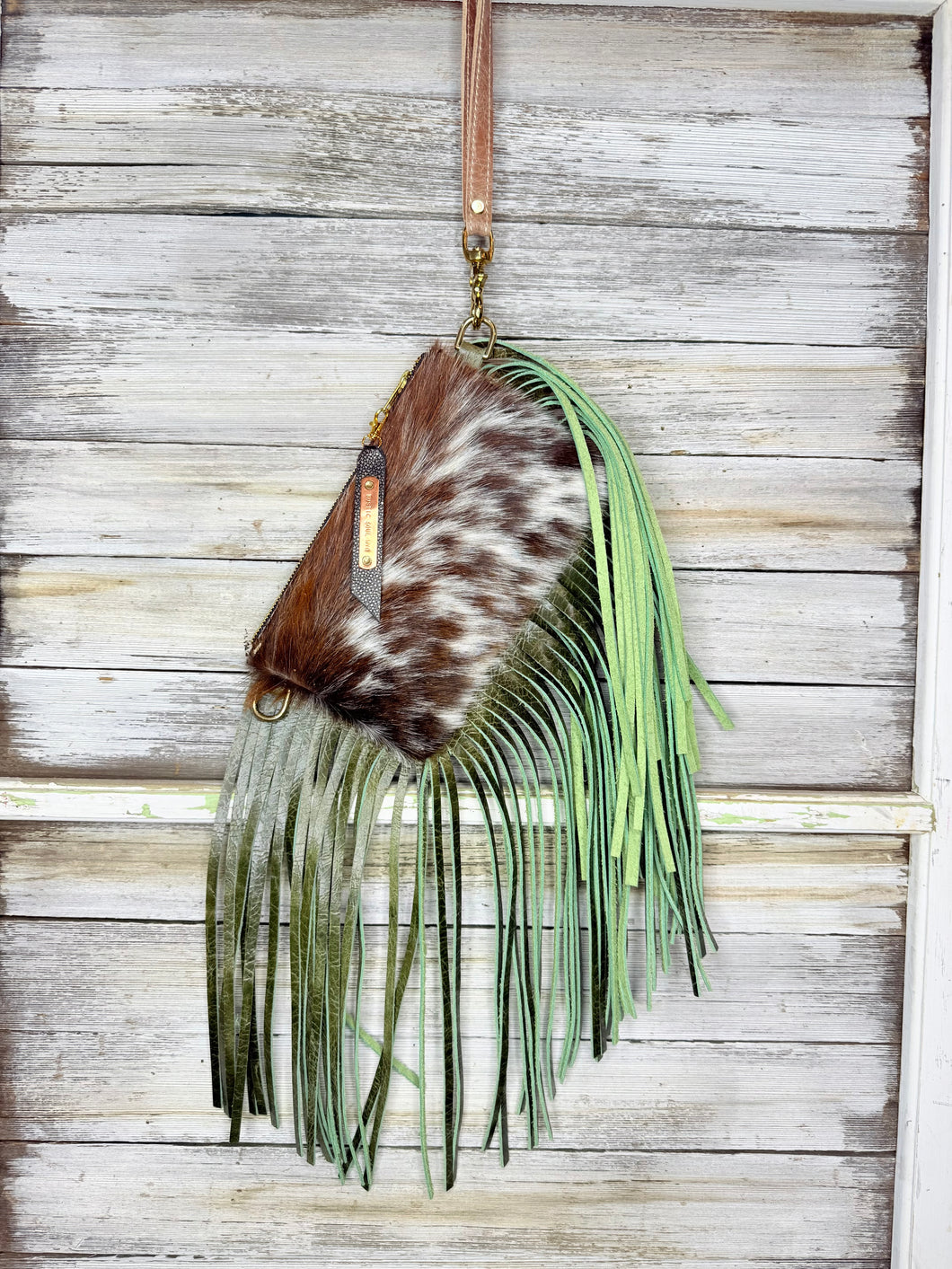 Brown and White Cowhide Jessica Wristlet with Green Fringe