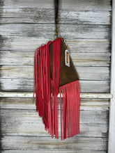 Load image into Gallery viewer, Black and White Cowhide Jessica Wristlet with Red Fringe
