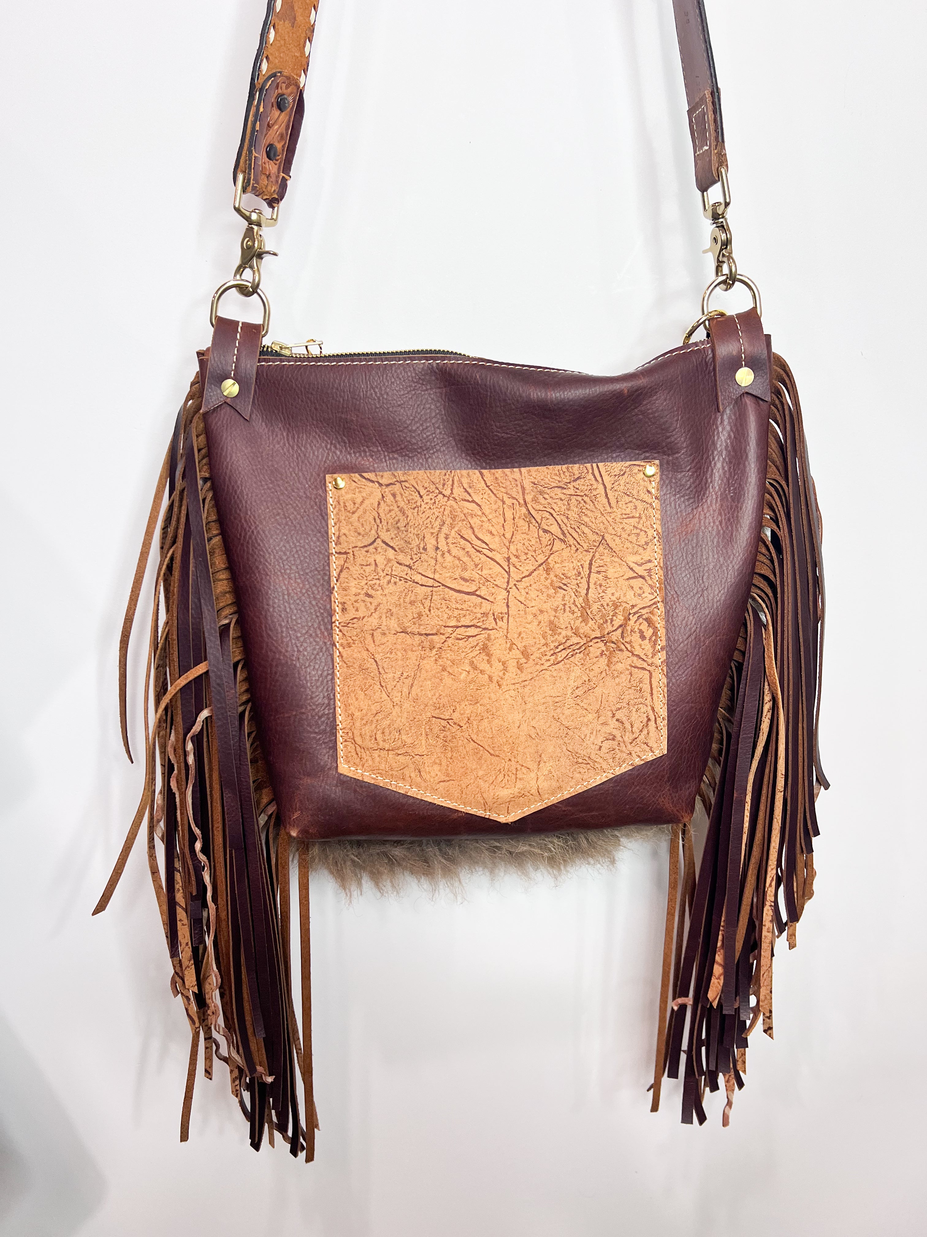 One of a kind Buffalo Bag with Curly Fringe and Feather