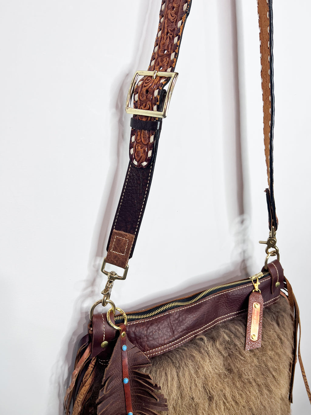 One of a kind Buffalo Bag with Curly Fringe and Feather