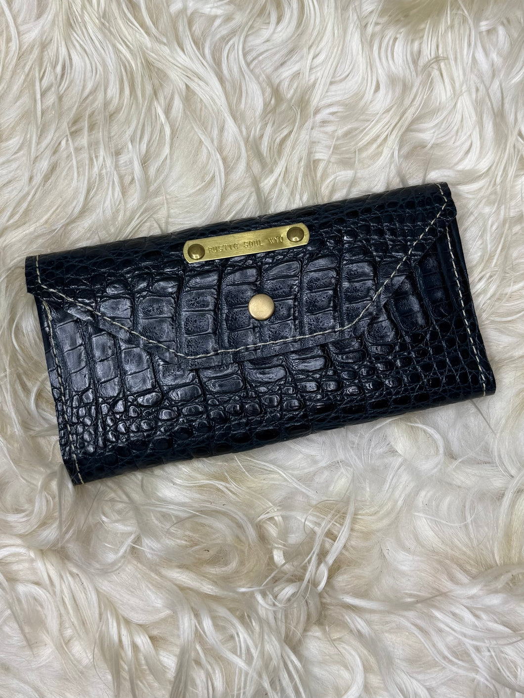 Navy Caiman Leather Trifold Wallet