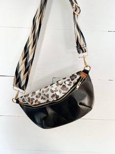 Black Leather and Leopard Cowhide Bumbag