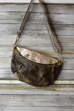 Load image into Gallery viewer, Brindle Cowhide and Gold Embossed Frannie Bag
