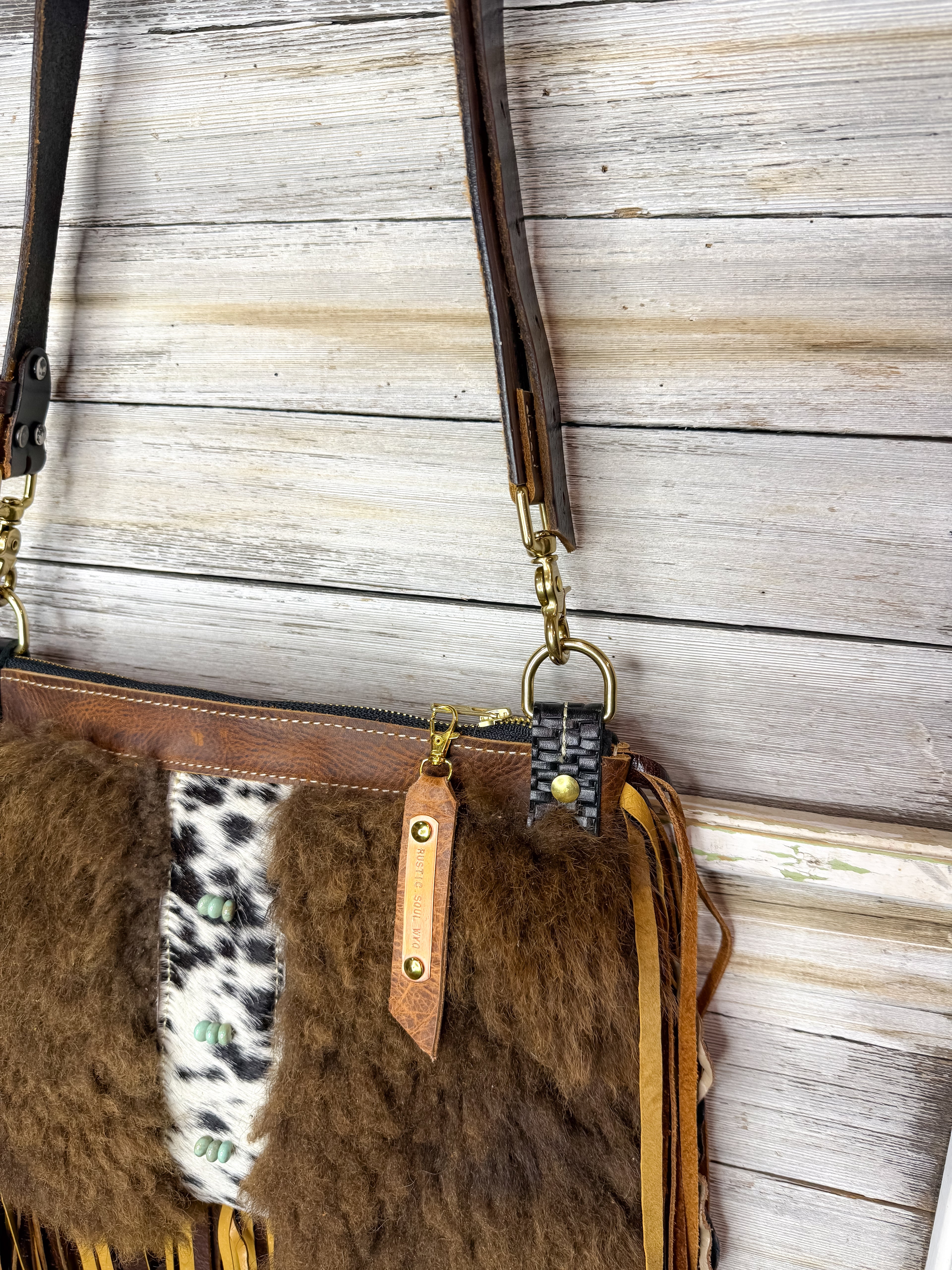 Buffalo Bag with Multi Colored Fringe Cowhide and Turquoise