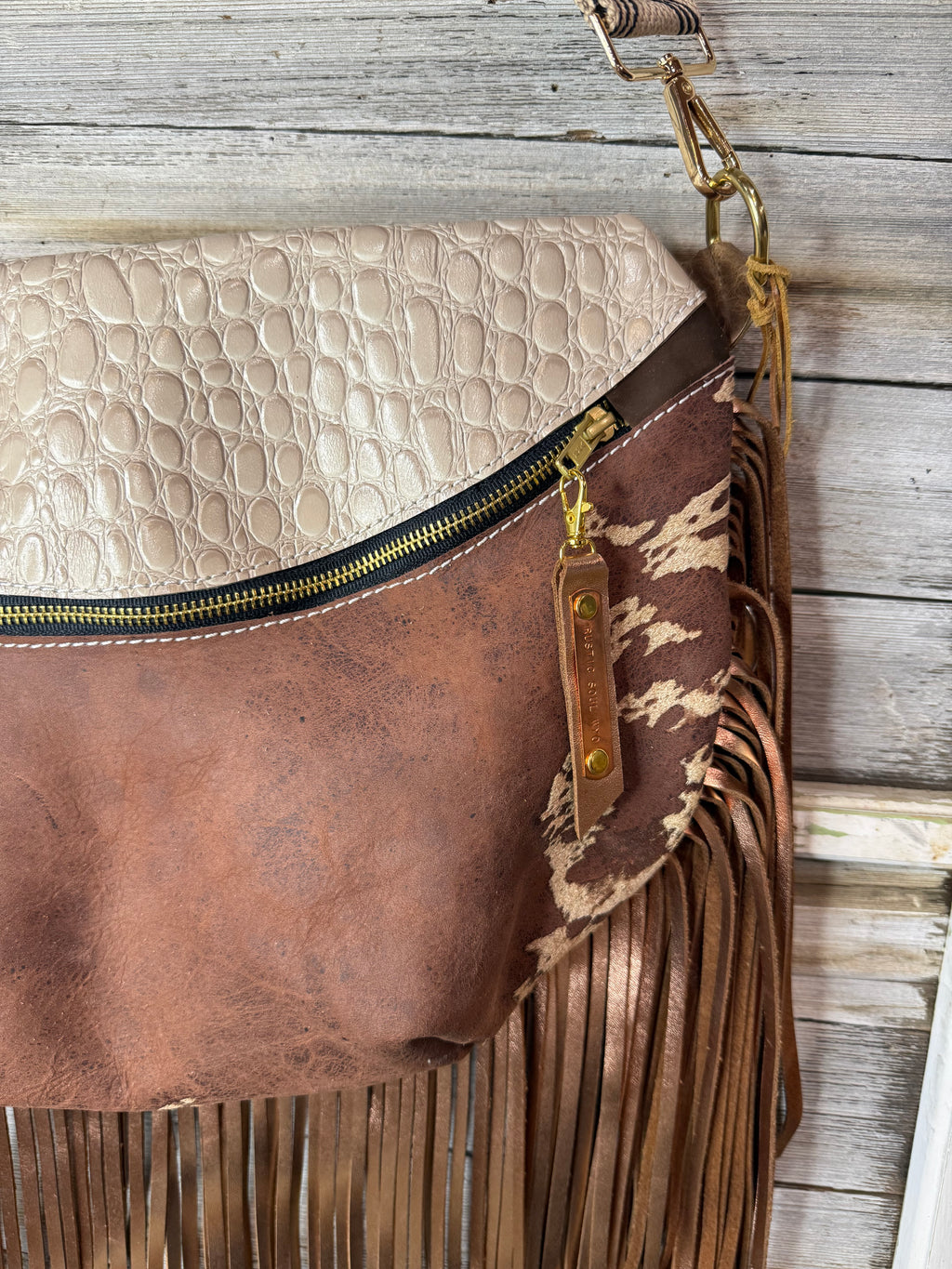 Brown Acid Wash Cowhide and Pearl Embossed Leather Frannie XL w Fringe