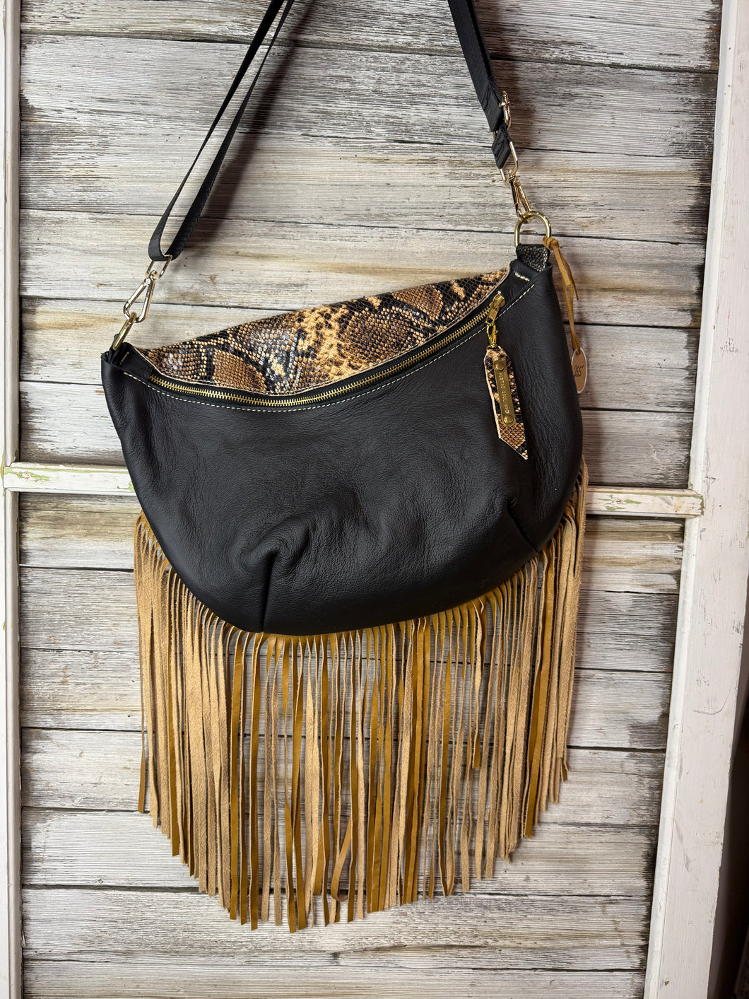 Black Embossed Leather Frannie XL with Fringe