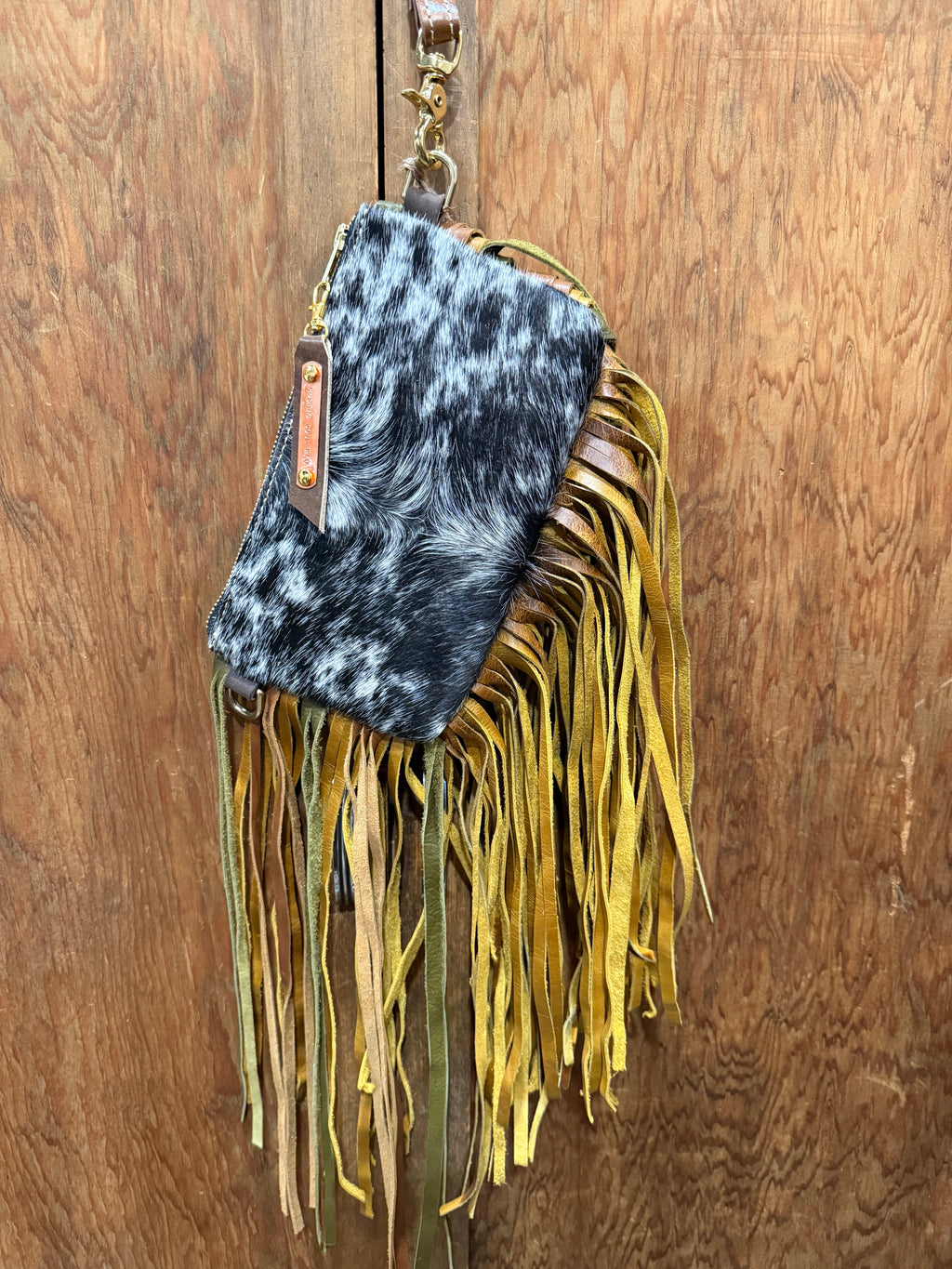 Black and White Cowhide Jessica Wristlet with two tone Fringe