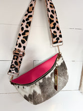 Load image into Gallery viewer, Grey and White Cowhide Bum Bag with Pink and Brown Leather
