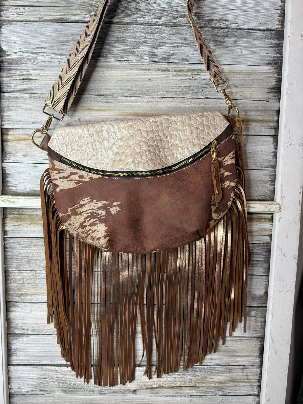 Brown Acid Wash Cowhide and Pearl Embossed Leather Frannie XL w Fringe