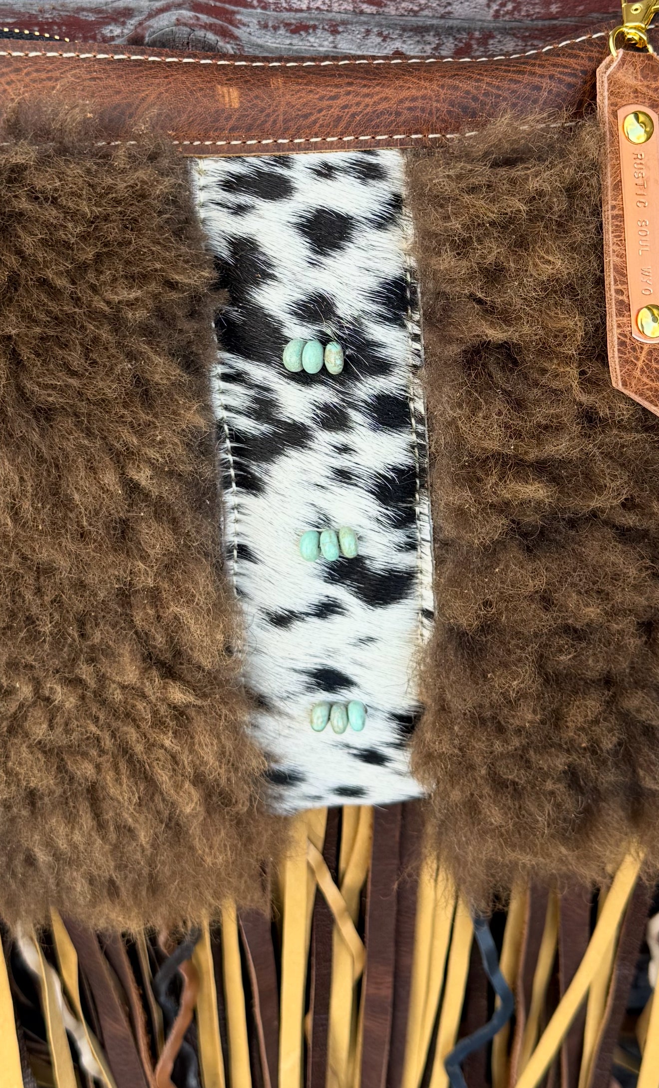 Buffalo Bag with Multi Colored Fringe Cowhide and Turquoise