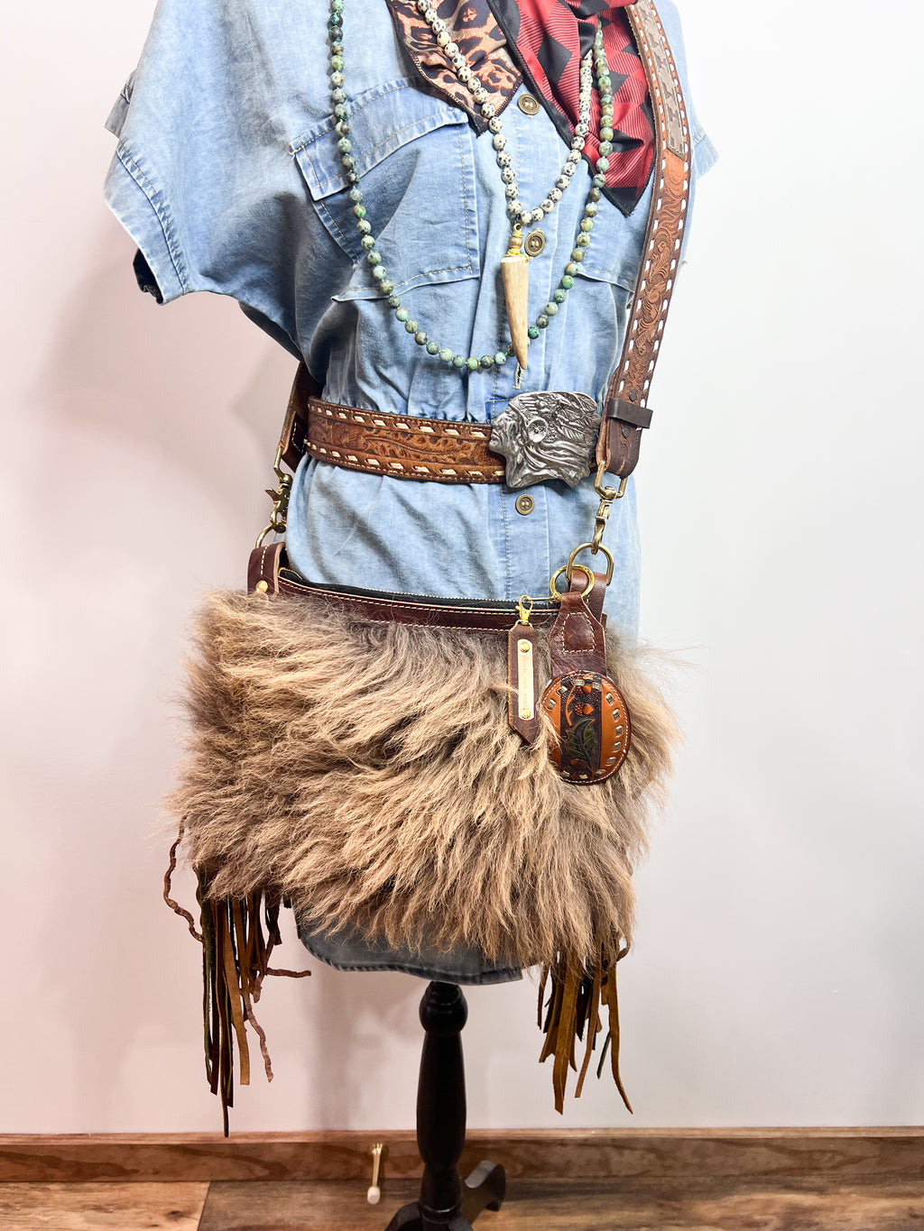 One of a kind Buffalo Bag with Two Tone Curly Fringe