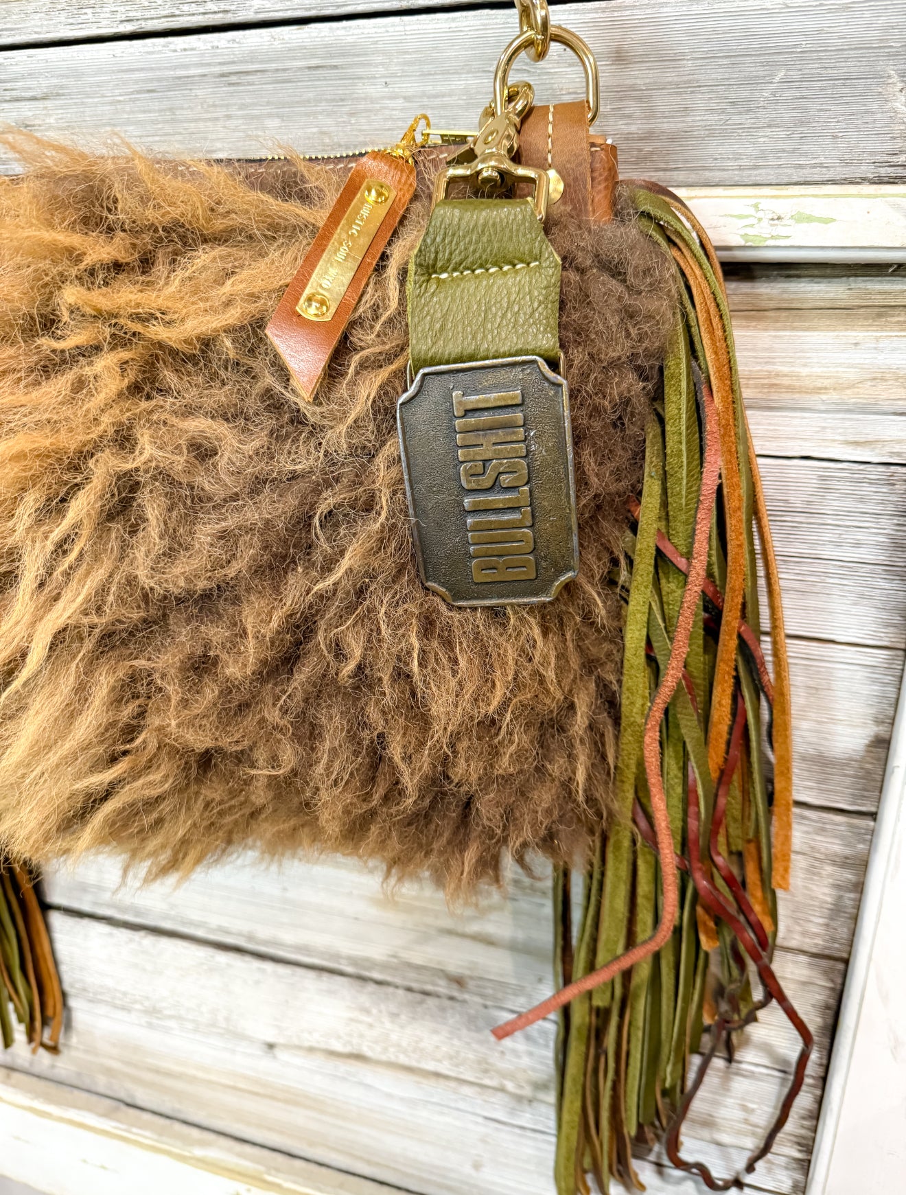 Buffalo Bag with Green Leather and Vintage Bullshit Belt Buckle Bag Charm
