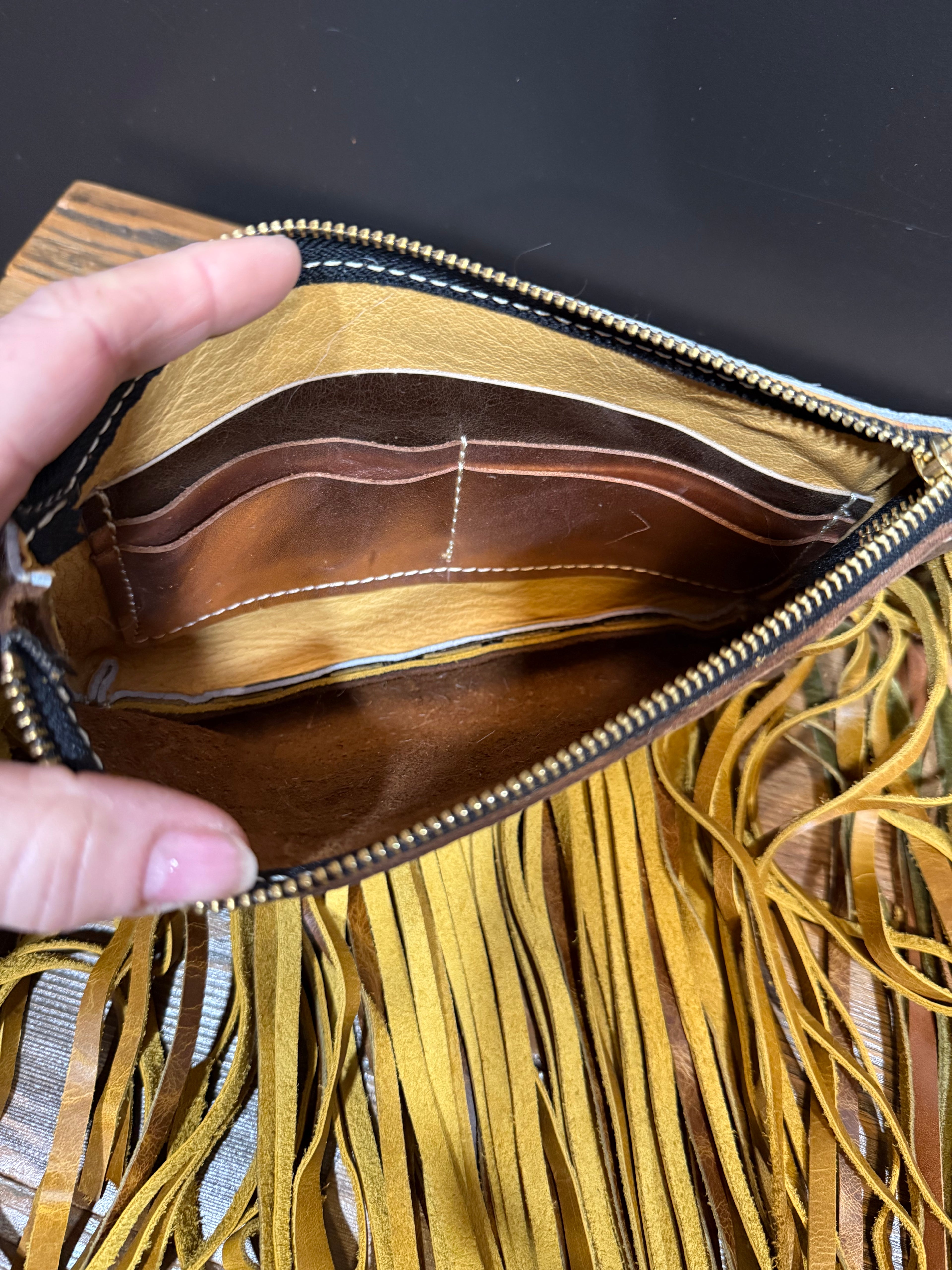 Black and White Cowhide Jessica Wristlet with two tone Fringe