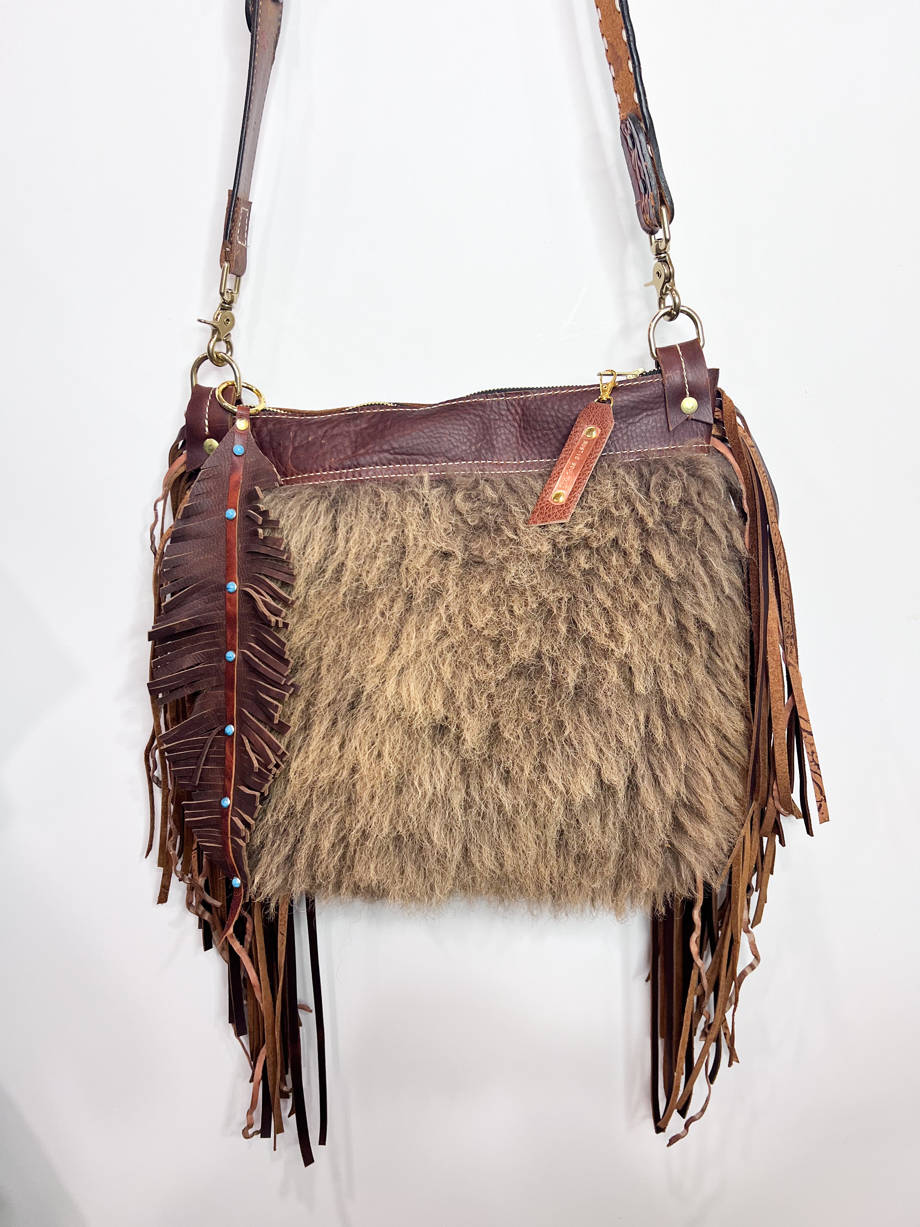 One of a kind Buffalo Bag with Curly Fringe and Feather
