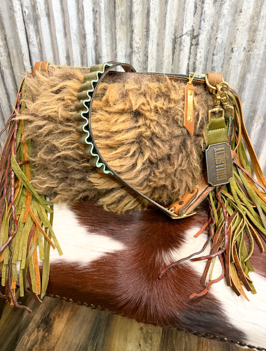 Buffalo Bag with Green Leather and Vintage Bullshit Belt Buckle Bag Charm