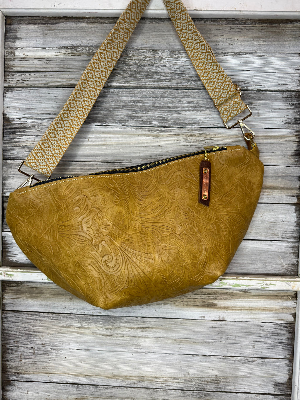 Mustard Floral Embossed Leather Kaycee Bag