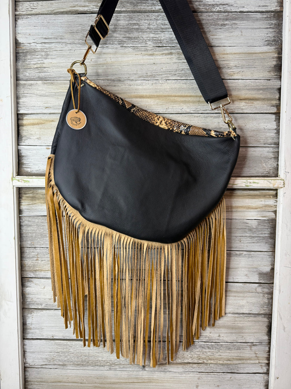 Black Embossed Leather Frannie XL with Fringe