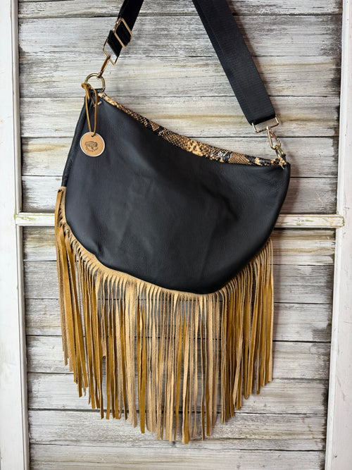 Black Embossed Leather Frannie XL with Fringe