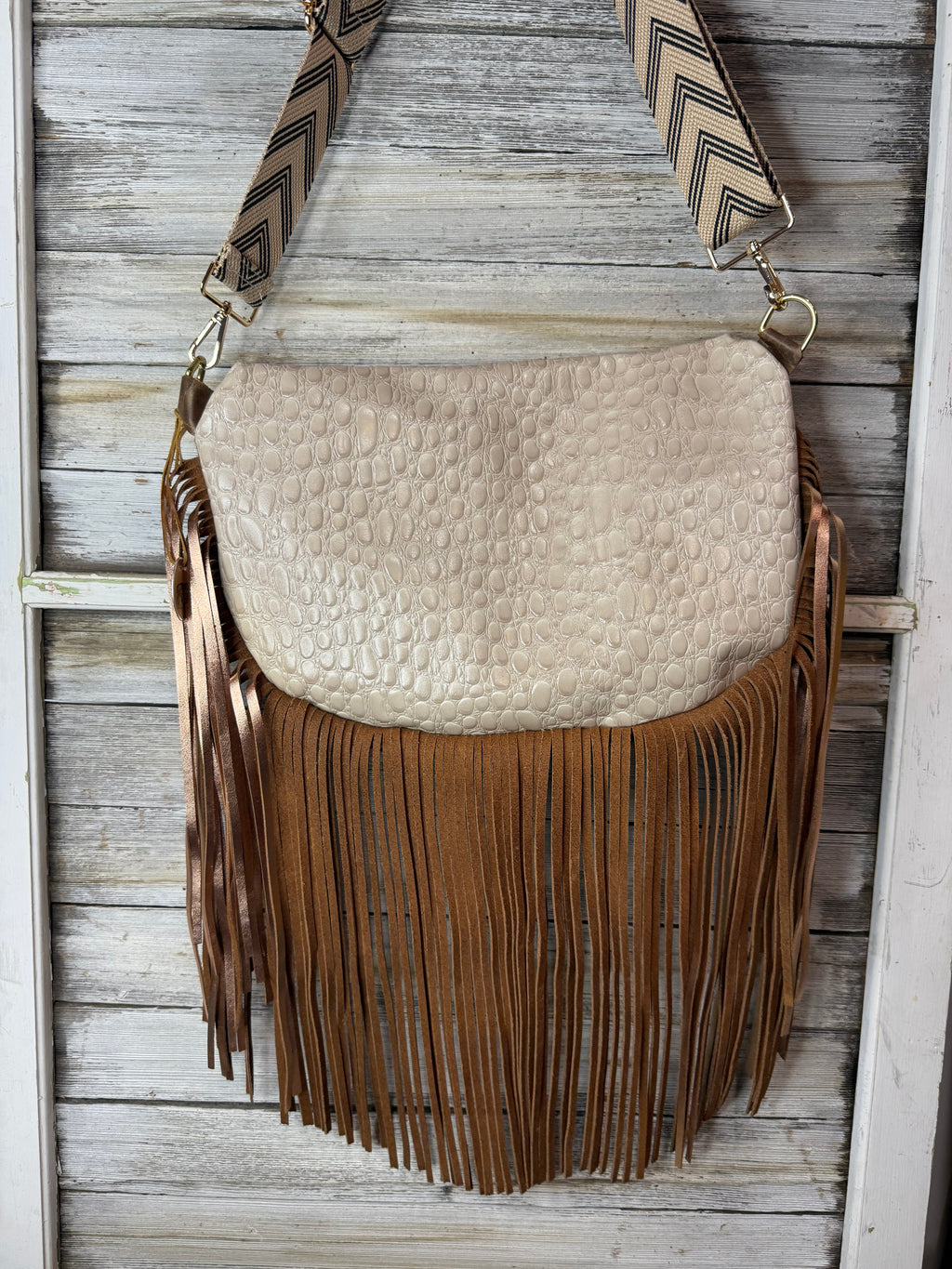 Brown Acid Wash Cowhide and Pearl Embossed Leather Frannie XL w Fringe
