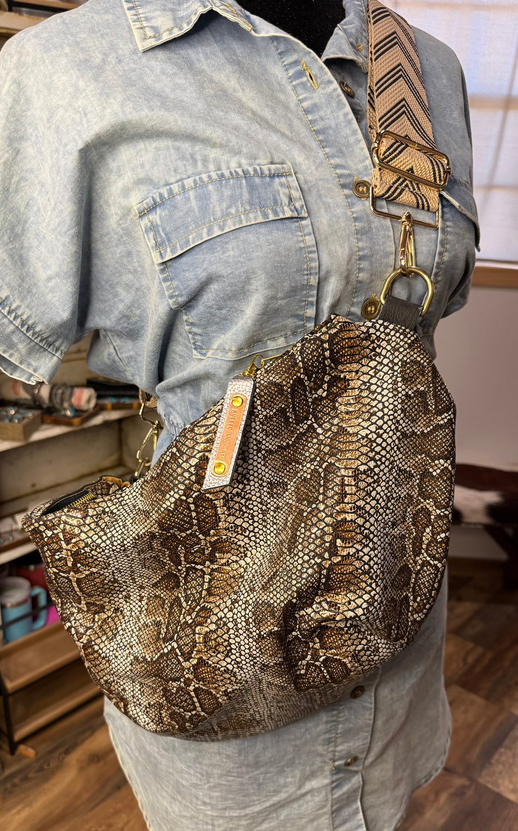 Neutral Snakeskin Embossed Leather Kaycee Bag