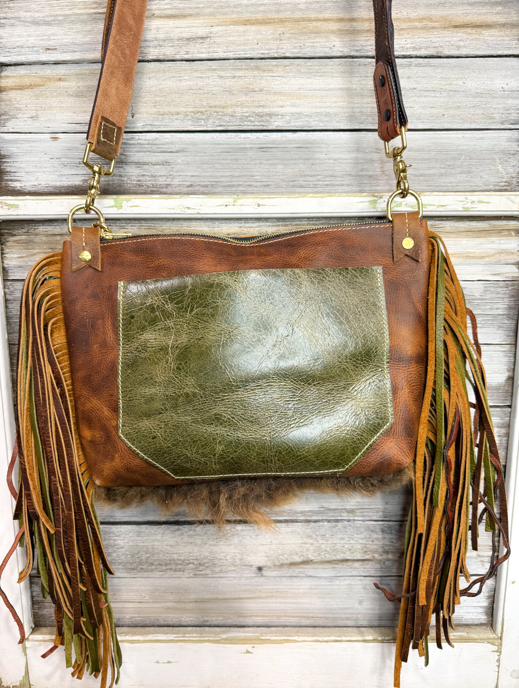 Buffalo Bag with Green Leather and Vintage Bullshit Belt Buckle Bag Charm