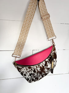 Brown and White Cowhide Bum Bag with Pink and Brown Leather