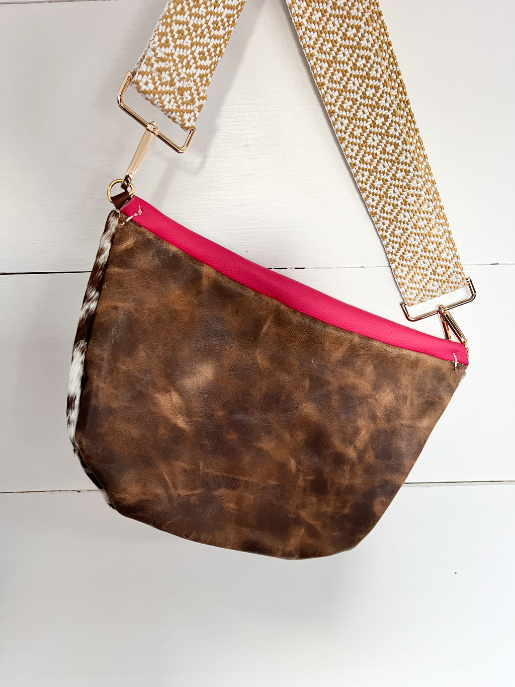 Brown and White Cowhide Bum Bag with Pink and Brown Leather