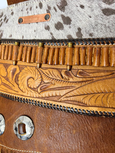 Vintage Chap and Tooled Leather Ammo Belt Wood Handle Tote