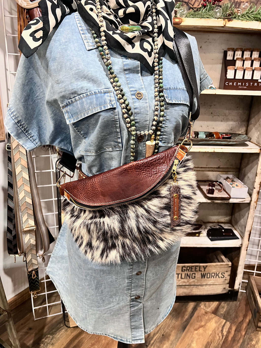 Brown and White Cowhide Classic Size Frannie Bumbag